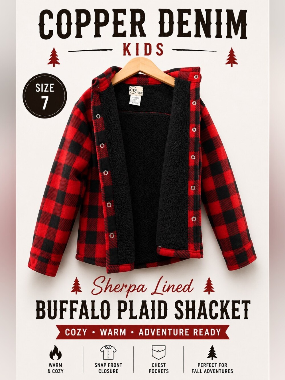 Copper Denim Buffalo Plaid Sherpa Shacket Kids 7 Red Black Fall Camp Jacket